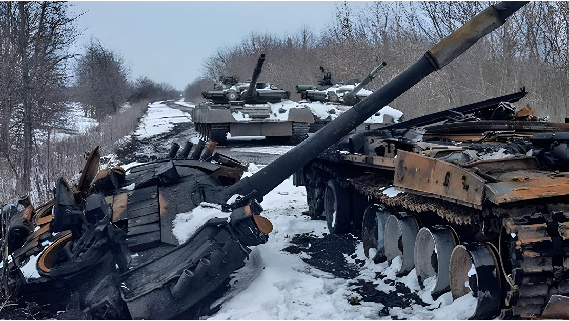Destroyed tanks on a winter road